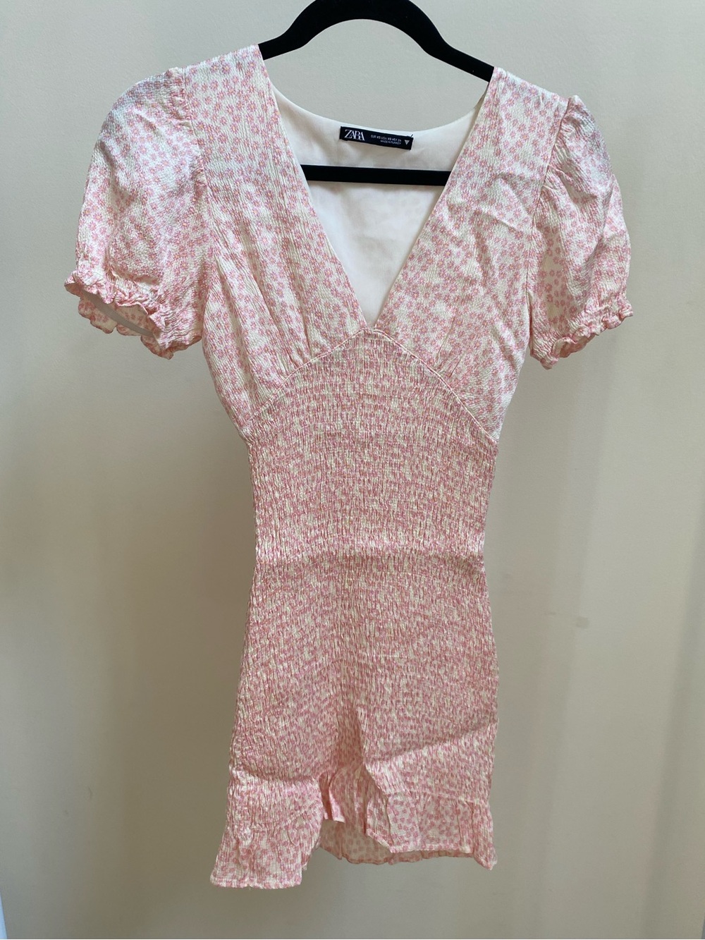 Zara Smocked Puff Sleeve Pink Floral Fitted mini dress Sz XS